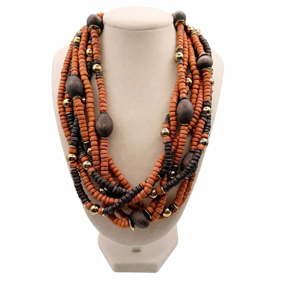 VTG 1980s 6 Strand Wood Bead Necklace Terracotta Brown Gold Tone Boho 15 - 18"